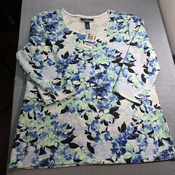 Karen Scott Tops - Karen Scott Petites Floral Scoop Neck 3/4 Sleeve Top Persian Blue PXL New